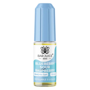 Bar Juice 5000 e-liquid bottle and packaging, with blueberry and sour raspberry flavor indications, and a nicotine strength of 20mg.